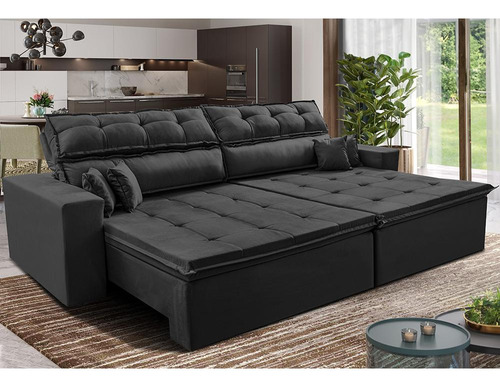 Sofá Retrátil E Reclinável 2,02m Luxos. Cama Inbox Velusoft Cor Preto