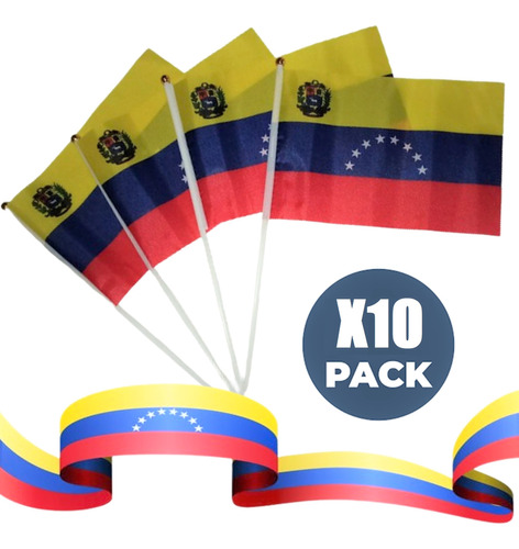 Pack 10 Mini Bandera De Venezuela De 21 X 14cm Y Asta 30cm