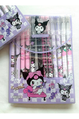 Set De 12 Plumas Kawaii Lapicero Boligrafo Borrable Kuromi Cinnamorol Tinta Negra