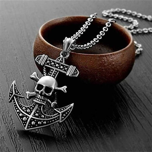Collar para hombre, colgante de cordón, calavera y ancla, color plateado