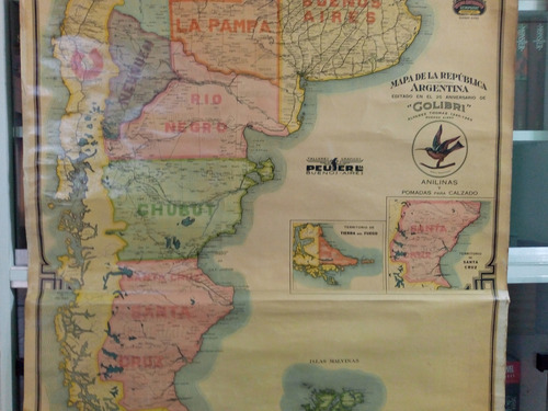 Antiguo Gran Mapa Republica Argentina. 1937 Anilinas Colibri