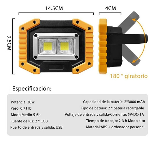 Linterna De Trabajo Led Cob Multifunción, Portátil Y