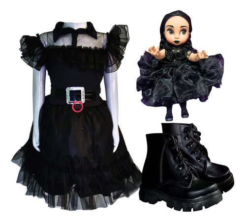 Merlina Addams Disfraz Kit Con Botas Y Muñeca 42cms