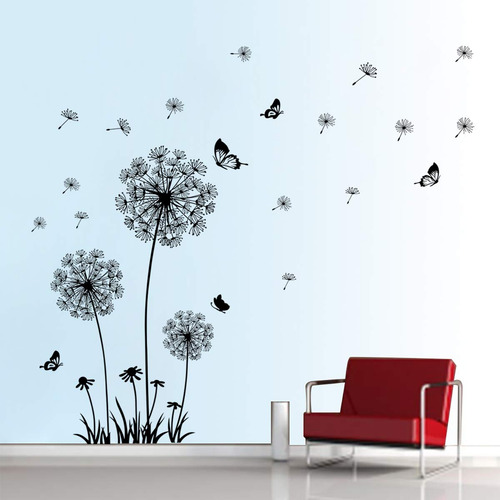 Decalmile Negro Diente De León Pegatinas De Pared Vinilos Mariposa Decoración Del Hogar Para Sala De Estar Dormitorio