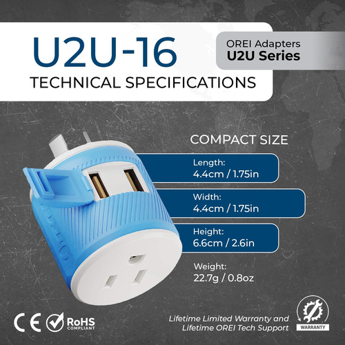 Adaptador De Enchufe De Viaje Orei Tipo I (u2u-16) Con Doble