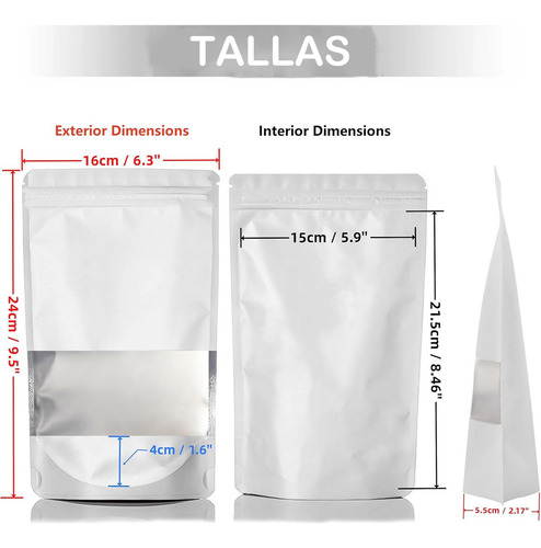 Bolsa Stand Up Con Ventana - 16x24cm (250g), 100pz Blanca