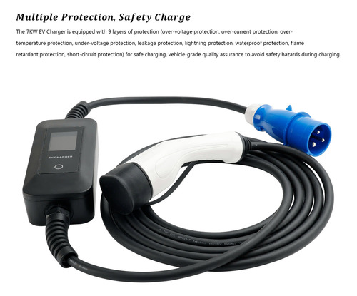 Cargador Cee De 3 Pines Tipo 2 Ev, Ajustable, 32 A, Digital,