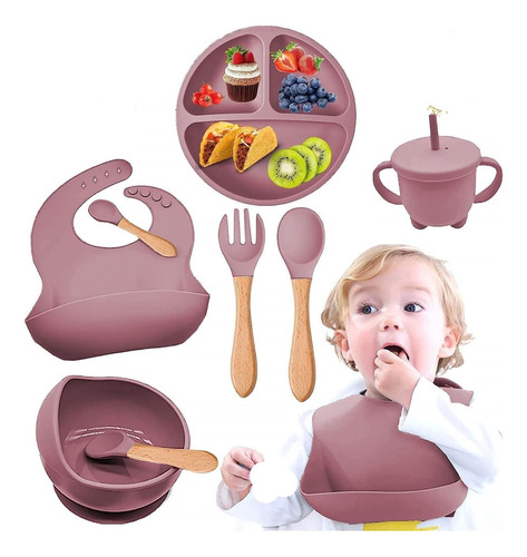 Set De Vajilla Silicona Para Bebés Platos Babero Y Cubiertos