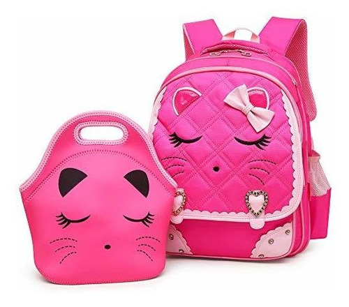 Mochila Escolar Rosa Con Cara De Gato Brillante.