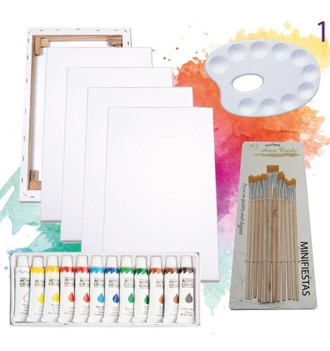  4 Bastidores + 12 Pinturas Acrílica + 12 Pinceles + Paleta