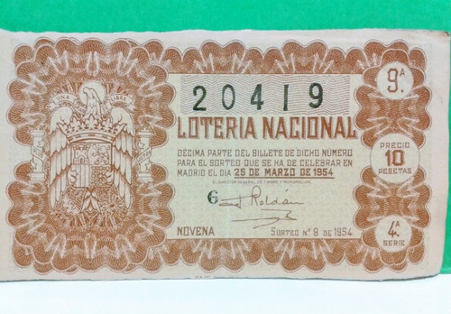 Antiguo Billete De España De Lotería De Madrid 1954