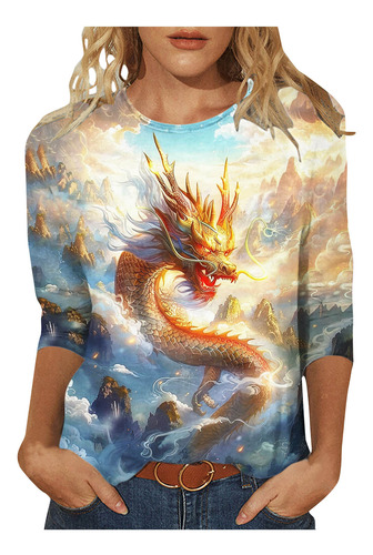 Camiseta Y Blusa Con Estampado De Dragones Y 34 Mangas, Para
