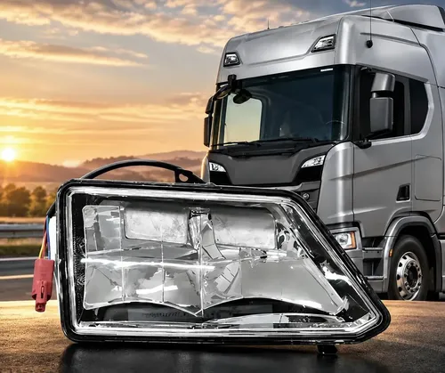 Farol auxiliar transparente em primeiro plano e caminhão Scania NTG prata ao fundo