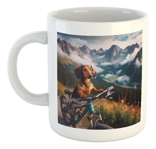 Taza Ceramica Perro Salchicha Dog En Montaña Bici