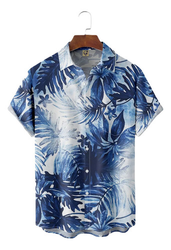 Hjb Camisa Hawaiana Unisex Azul Con Hojas De Palma, Camisa