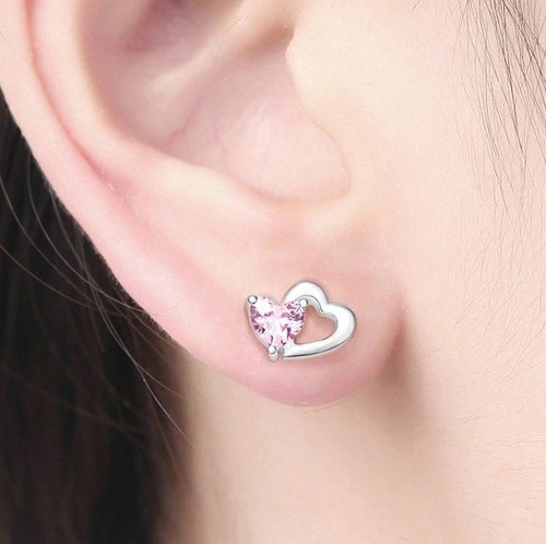 Aros De Plata S925 Y Circon Diseño Corazones