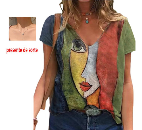 Women's V Print Loose Vintage Short Sleeve Shirt