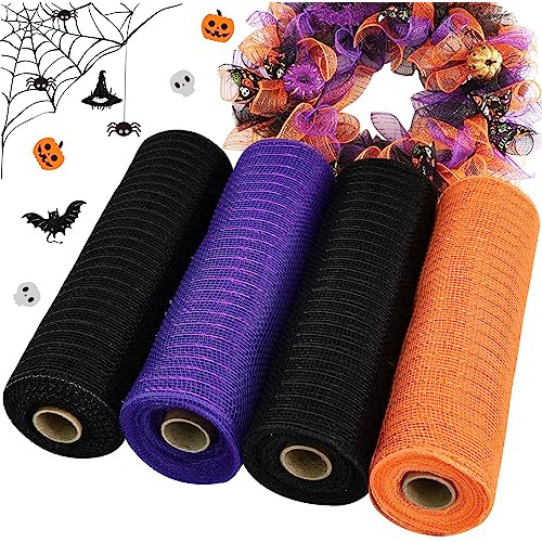 4 Rolls 10 Inch Black/orange/purple Decorative Mesh Rib...