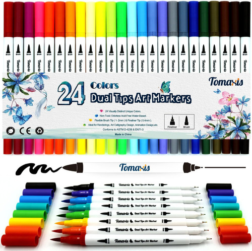Journal 24pcs Art Marker, 0.4-2mm Coloured Pens Dual Ti...