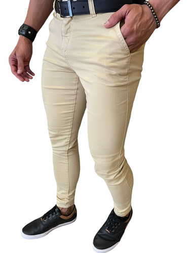 Calça Alfaiataria Bege Skinny Social Chino Premium Masculina