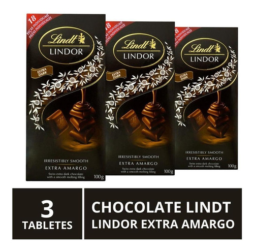 Chocolate Lindt Lindor, Extra Amargo, 3 Barras De 100g