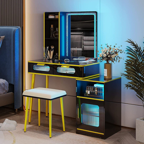 Juego De Tocador Con Espejo Led Control De Voz Negro Hnebc