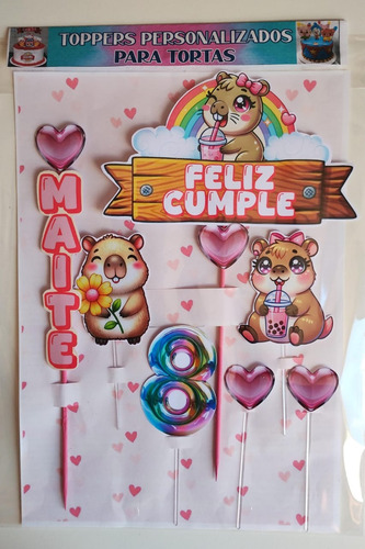 Adorno De Torta, Topper Personalizado (nombre+edad) Capibara Rosa Capibara