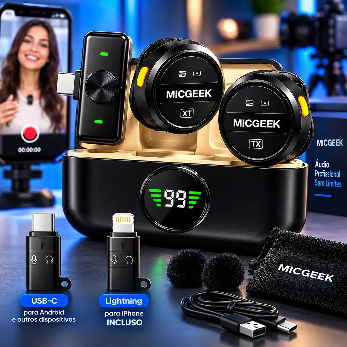 Microfone Lapela Redondo Sem Fio Tipo-C Duplo Anti Ruído P/ Android E iPhone 15 16 17 Com Caixinha Para Carregamento Cor Preto MICGEEK