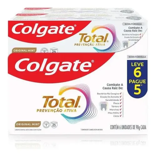 Colgate Creme Dental Total Original Mint 6x90g, Prevenção Ativa com Flúor