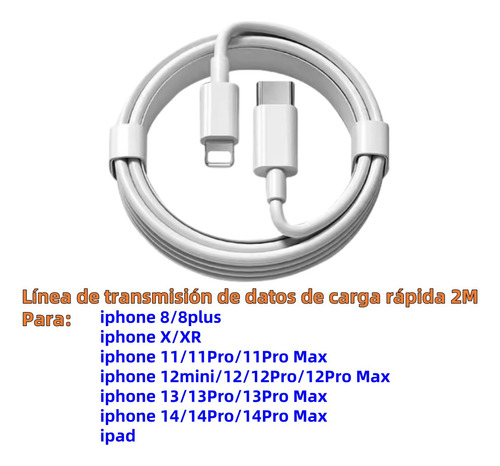 2 Metros Línea De Datos Turbo Carga Rápida Para iPhone 5 6 7 8 X Se 11 12 13 14 iPad,color Blanco,