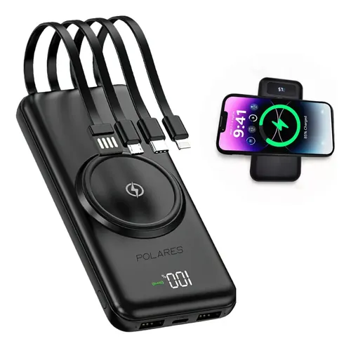 POLARES IN20 Carregador Portátil Power Bank 20000mah Usb Com Indução E Cabos Base Indução Cor Preto Polares