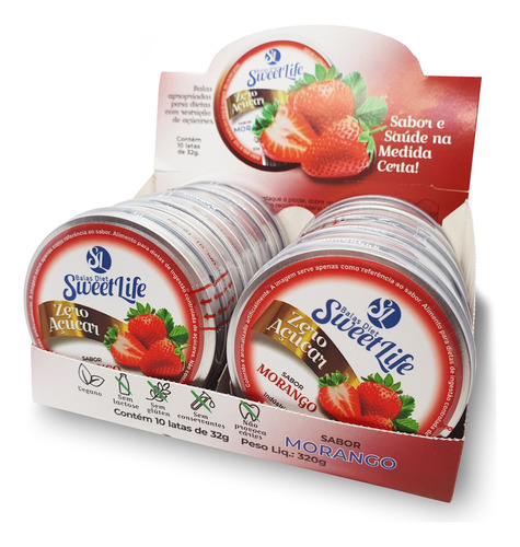 Sweet Life display com 10 latas de bala morango diet de 32gr