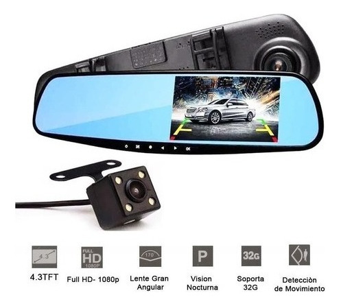 Espejo Carro Retrovisor Dvr Cámara D Reversa 4.3 PuLG 1080hd