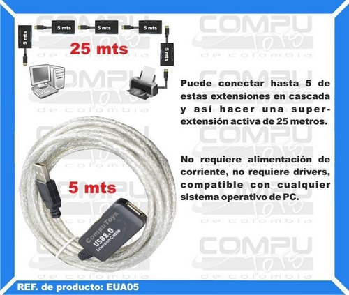 Imagen 4 de 6 de Extensión Usb Elevador Señal 5 M Ref: Eua05 Computoys Sas