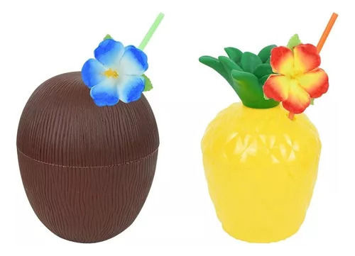6 Tazas Coco Para Fiesta Tropical Hawaiana, Fiesta En La