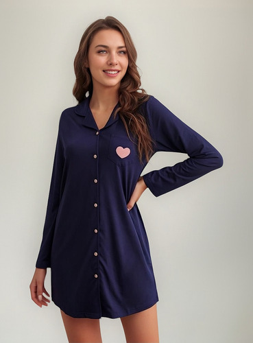 Vestido De Pijama De Mujer Con Botones Y Mangas Largas Con C