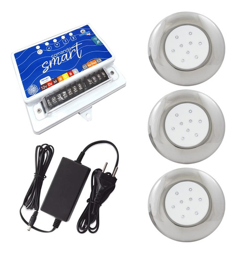 Kit 3 Led Piscina 9w Inox Azul Ou Branco + Comando Wifi Azul