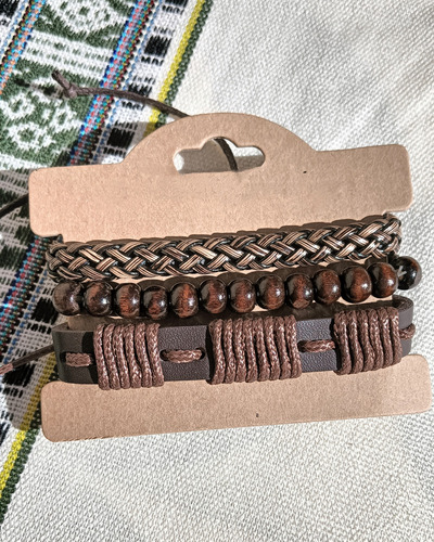 Set 3 En 1 Pulseras Regulables Hombre Mc'maru Moda Cuero Trenzas Marron 17.78 Cm 43.18 Cm
