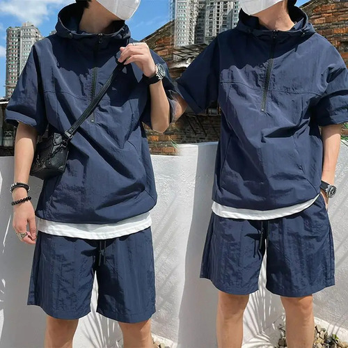 Camisa Cargo Set De Manga Corta Con Capucha Y Pantalones Cor