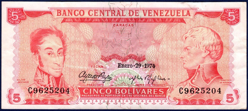 Billete 5 Bolívares C7 Enero 29 1974 S. Bolívar Y F. Miranda