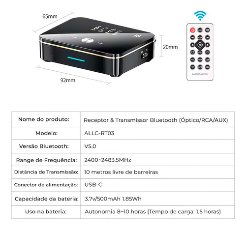 Transmissor De Audio Bluetooth Optico Spdif P2 Otico Sem Fio