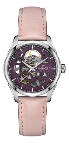 Reloj Hamilton Jazzmaster Skeleton Lady Auto H32265801 Correa Rosa Bisel Plateado Fondo Rosa