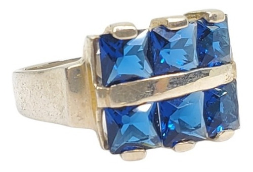 Imagen 1 de 10 de Anillo Plata Con 6 Piedras Cuadradas Azul