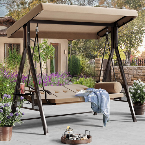 Columpio De Patio 3 Asientos Con Toldo Ajustable Y Cojín