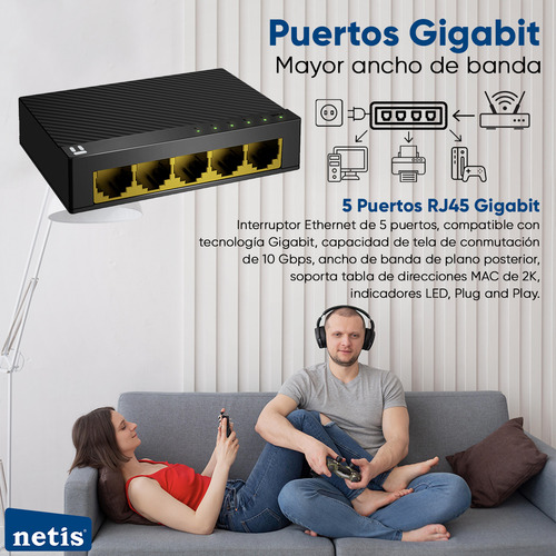Netis Switch Conmutador Gigabit 5 Puertos 10/100/1000 Mbps