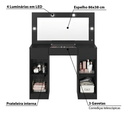 Penteadeira Camarim Studio Com 3 Gavetas E 2 Portas - Preto