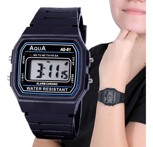 Relógio Feminino Digital Pulso Com Cronometro A Prova Dágua Cor Da Correia Da Cor Do Relógio Cor Do Bisel Aq-81 Preto Cor Do Fundo Cinza
