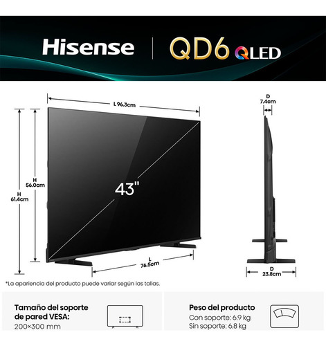 Hisense Television 43qd6qv Modelo 2025 Pantalla 43 Pulgadas Qled Smart Vidaa Tv Uhd 4k Control Remoto Por Voz Con Alexa Escalado Ai A 4k Dolby Vision Atmos Modo De Juego Plus