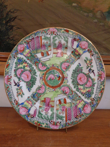 Antiguo Plato Decorativo De Porcelana Oriental Flor Y Dama