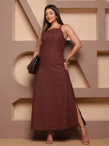 Vestido Longo de Linho Fenda Lateral Festa Alça Regulável — R$ 93,95 em Mercado Livre, 57% OFF
